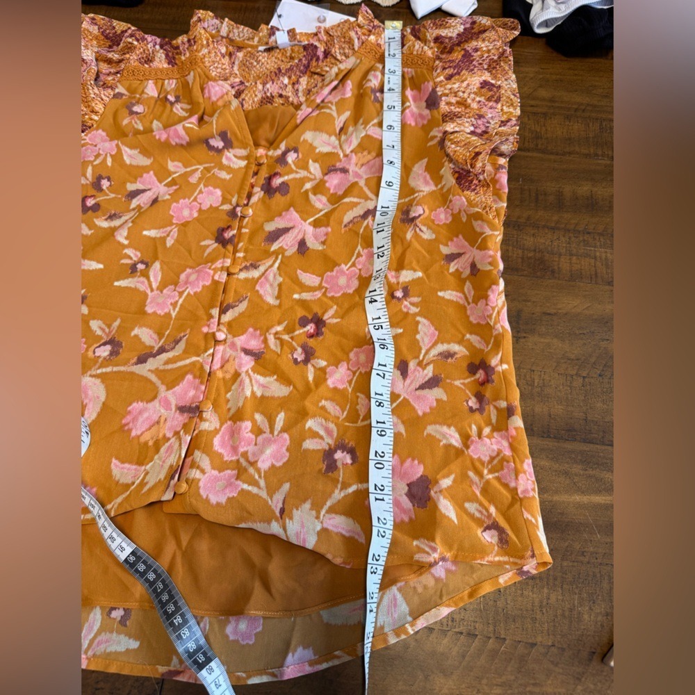 DR 2 orange floral button up blouse short sleeve ruffles nwt - Picture 6 of 6